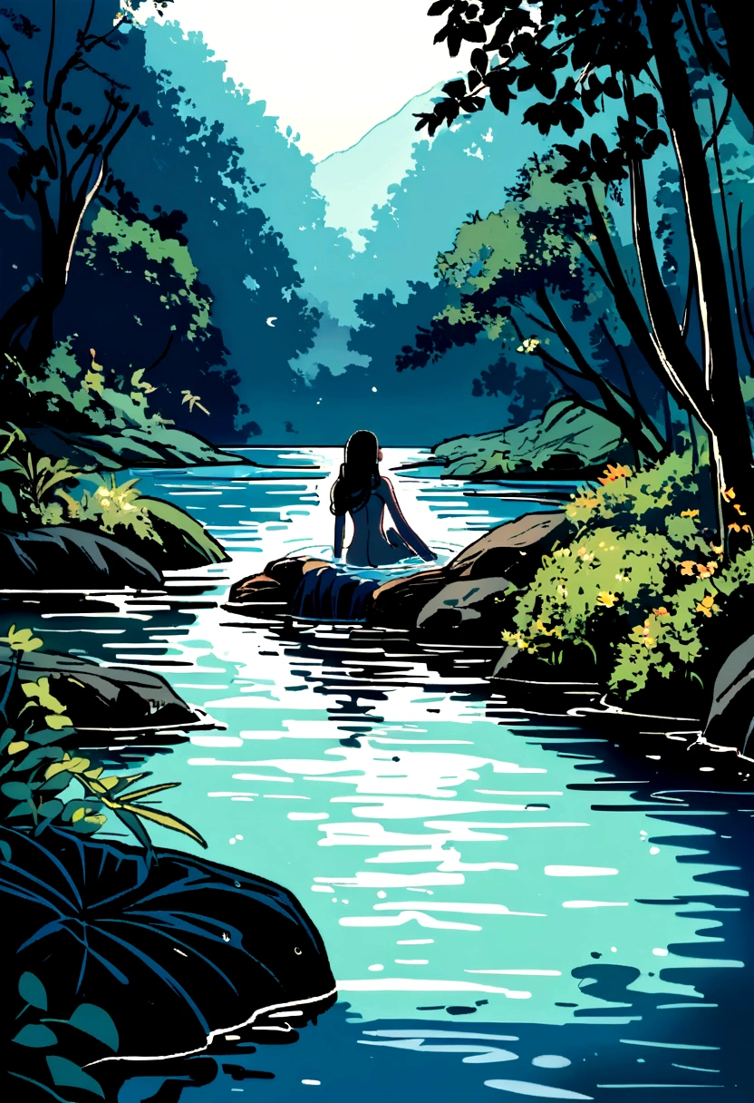 a long black silky haired latinese woman is taking a bath in the river