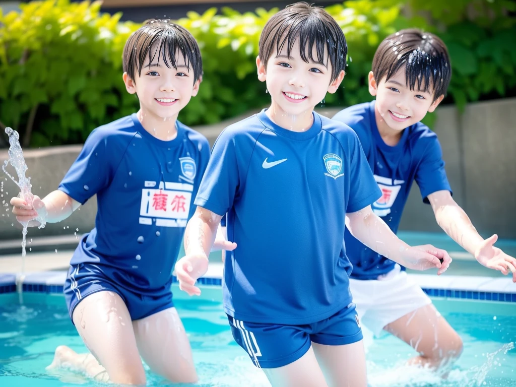 hot summer、、Summer swimming pool、Fun every day、Get wet all over、Japan Boy、Glowing water splashes、Pool lessons、Boy playing in water、The happy boys、Strong sunlight、Short sleeve gym uniform、Blue shorts、barefoot,Boys only 、10age、high resolution、masterpiece
