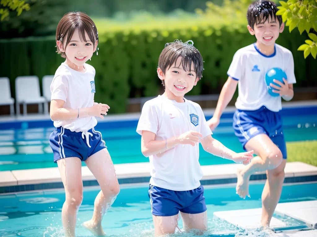 hot summer、、Summer swimming pool、Fun every day、Get wet all over、Japan Boy、Glowing water splashes、Pool lessons、Boy playing in water、The happy boys、Strong sunlight、Short sleeve gym uniform、Blue shorts、barefoot,Boys only 、10age、high resolution、masterpiece