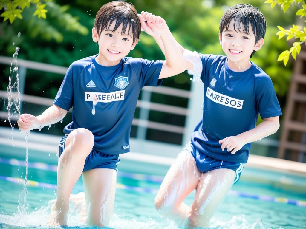 hot summer、、Summer swimming pool、Fun every day、Get wet all over、Japan Boy、Glowing water splashes、Pool lessons、Boy playing in water、The happy boys、Strong sunlight、Short sleeve gym uniform、Blue shorts、barefoot,Boys only 、10age、high resolution、masterpiece