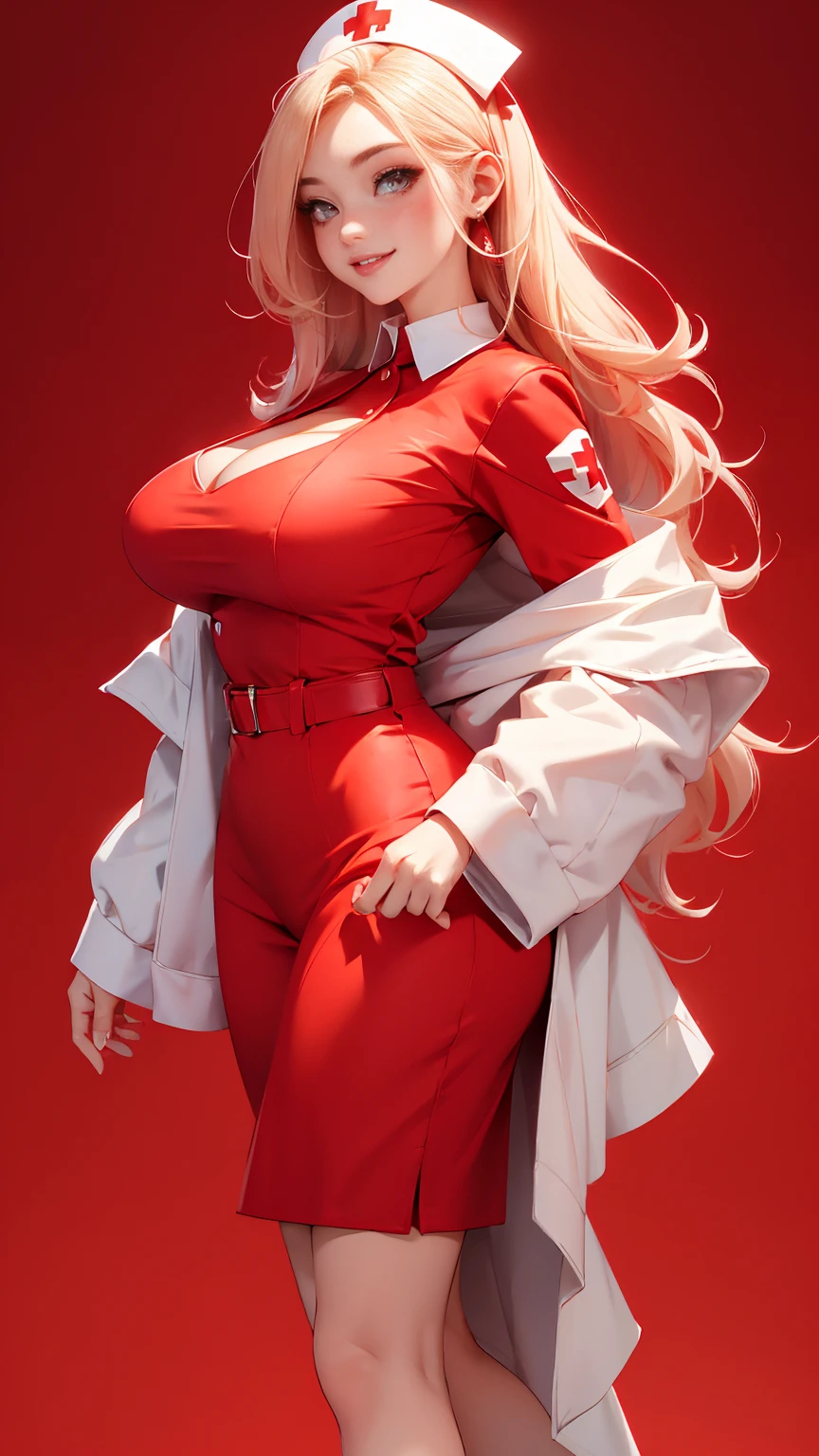 ((full_body))、Cute Woman、red_background、big_breasts、Detailed_skin、Detailed_Eye、Detailed_hair、nurse_custom、POP、vivid、smile、sexy_pose