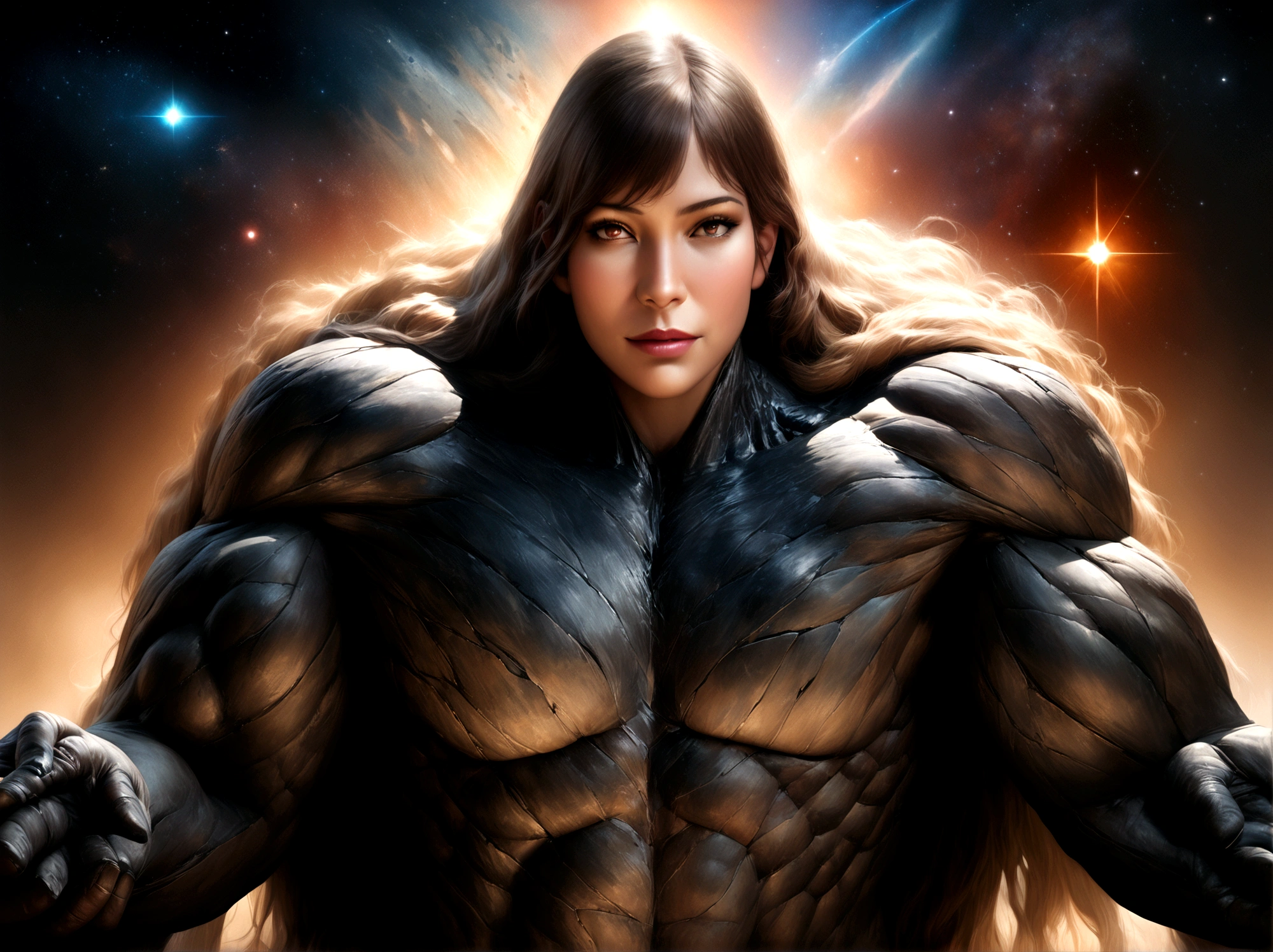 beautiful girl against the background of Jupiter, Space titan, emerging from nebulae in outer space and rising above the horizon,(Best quality,4K,8 k,A high resolution,masterpiece:1.2),ultra detailed,(realistic,photorealistic,photo-realistic:1.37),fabulous nebulae,Majestic space titan, enormously powerful, emerging from colorful and swirling nebulae in the depths of outer space.. Its massive form glows with vibrant colors and is surrounded by wisps of stardust... Titan rises above the horizon, emitting a soft glow, rising into the heavens. Rays of light pierce the cosmic atmosphere, illuminating the complex and detailed facial features of a titan. His eyes, deep and mysterious, pass on ancient wisdom, looking at endless space, reflecting its cosmic origin. When he stretches out his colossal arms, celestial energy crackles and dances on your fingertips, radiating power and energy. The surrounding nebulae continue to swirl, creating a mesmerizing spectacle of cosmic beauty. The whole stage is shrouded in a surreal and unearthly atmosphere., enhancing the dreamlike quality of the cosmic titan&#39;s appearance. Colors change and blend harmoniously., creating a captivating palette of cosmic shades. Lighting highlights the shape of titanium., highlighting every intricate detail and creating a sense of depth and dimension. The interaction of light and shadow further enhances the realism and depth of the composition... This artwork is a masterpiece of cosmic art, capture the majesty and majesty of the cosmic titan, when it emerges from the nebulae and rises to new celestial heights..