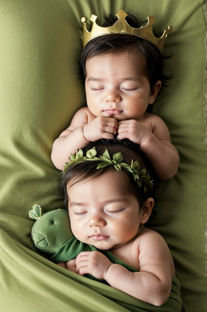 A baby sleeping with a pet with a green crown.