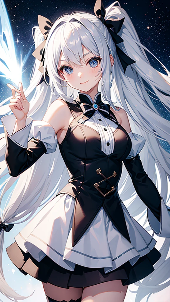 Magical girl　black and white costume　mini skirt　No sleeve　Long hair with silver hair　Ribbon in hair　smile　Great style　Directly facing　universe space