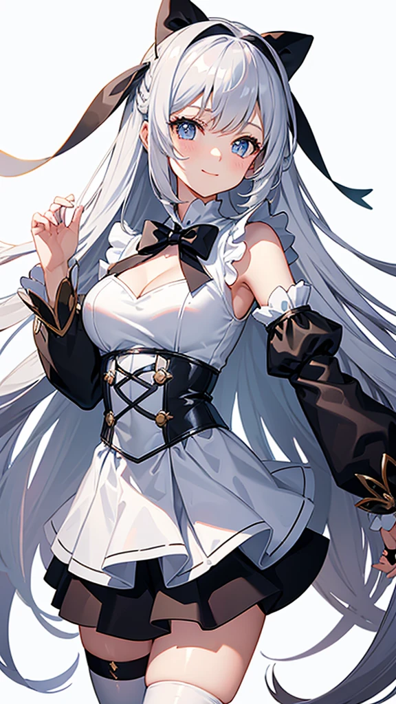Magical girl　black and white costume　mini skirt　No sleeve　Long hair with silver hair　Ribbon in hair　smile　Great style　Directly facing　universe space