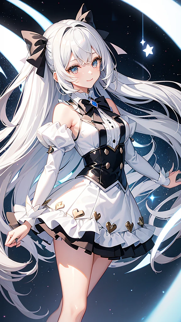 Magical girl black and white costume mini skirt No sleeve Long hair with silver hair Ribbon in hair smile Great style Directly facing universe space