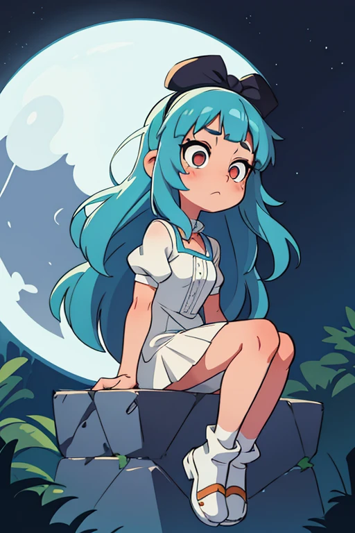 Girl with blue hair, On the Moon, white eyes, a little surprised, dress nachnushka, 