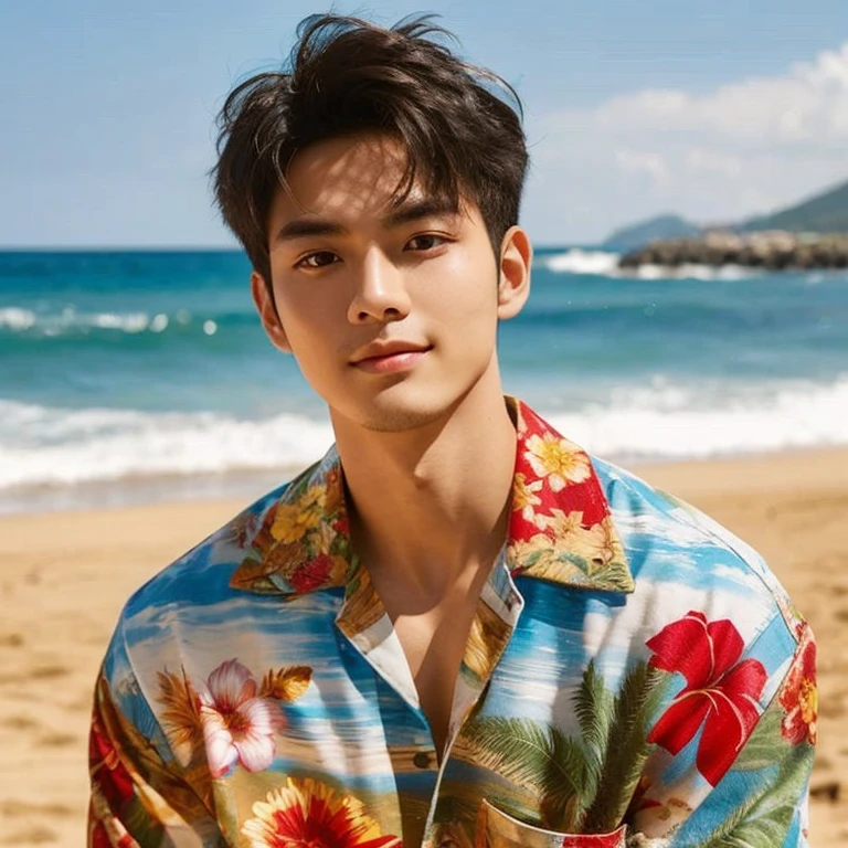 Close-up photo, A young Southeast Asian man with a round face., Short, cropped hair,black eyes,abdominal muscles, perfect body, outdoor, Warm light, The morning sun shines beautifully., (digital painting, HDR, high contrast), 3d, 8K, 45,000,000 pixcls, realistically,