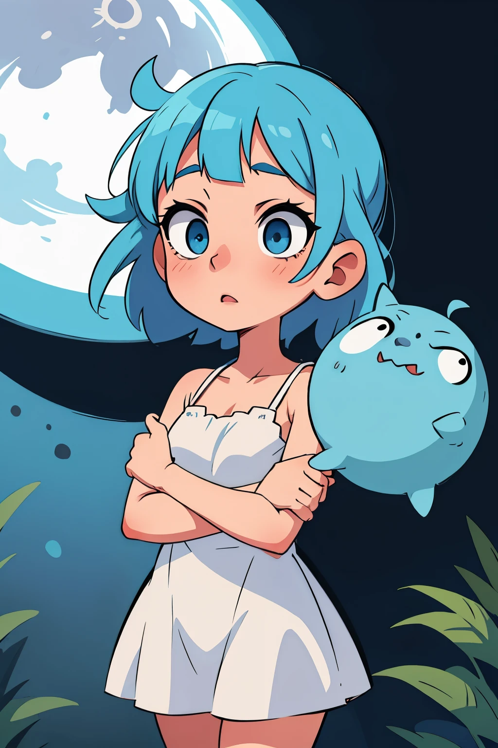 Girl with blue hair, On the Moon, white eyes, a little surprised, dress nachnushka, 
