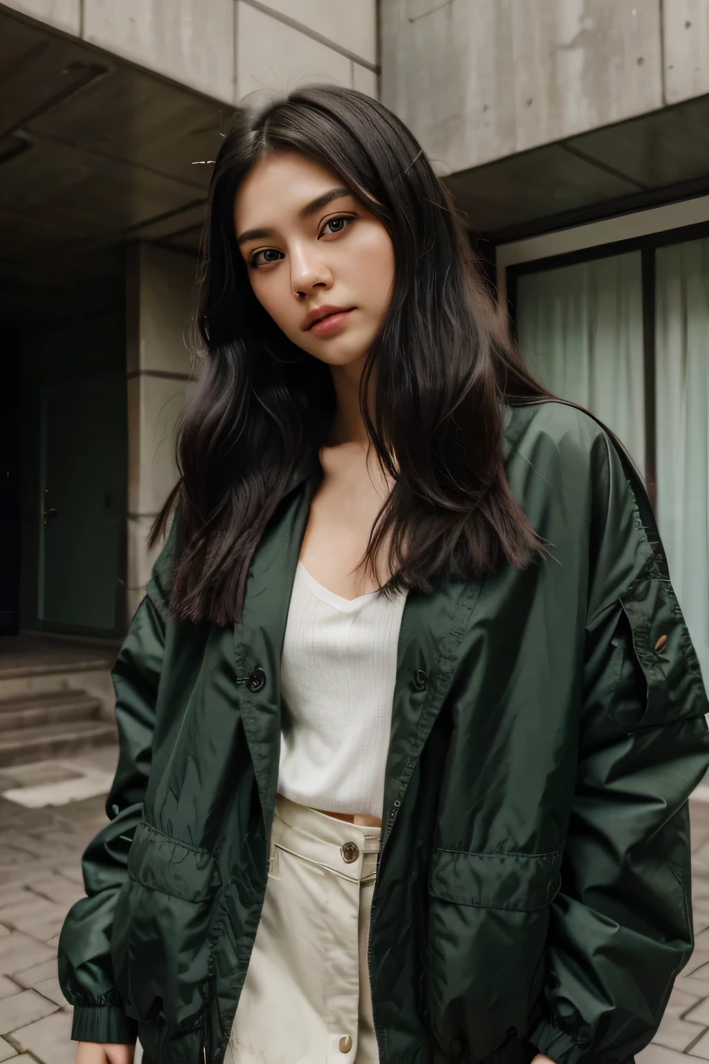 a girl with long wolf cut hairstyle, green and black hair, looking forward, beautiful face, masterpiece, best quality, wearing oversized jacket clothing, korean girl, green eyes, masterpiece, portrait.