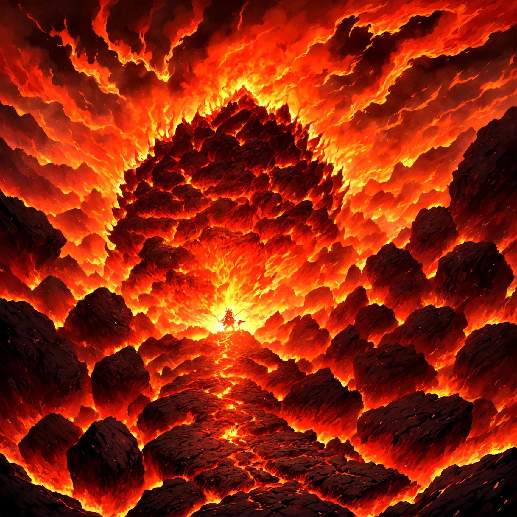 Beautiful game world, Fantasy, Furai no Shiren, Naraku Gorge, Dungeons, First Person View, burning, lava, cigarette, hot air, Smells burnt, danger, fear, Red sky, lavaの川, Crumbling Rock, Heat-distorted air, The roar of a fire monster can be heard from deep within.