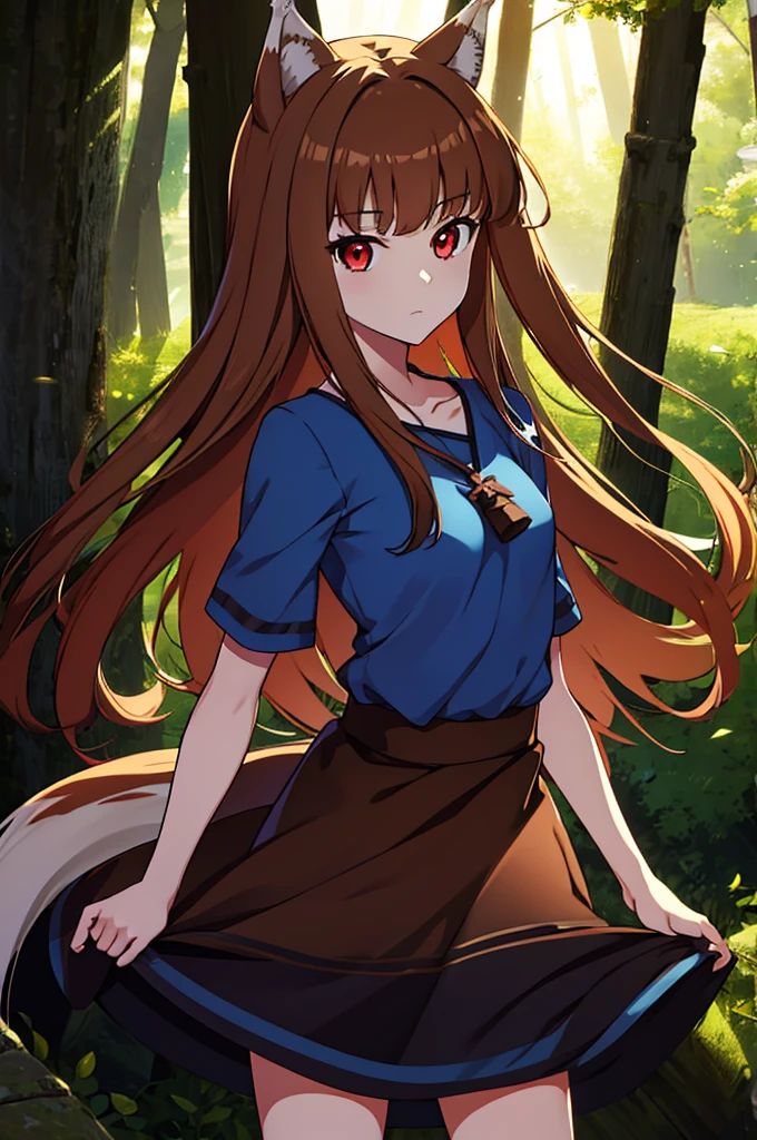 (masterpiece:1.3), (best quality:1.1), (8k, ultra detailed, ultra high res:1.2), ((anime style:)), (perfect 5 fingers:1.1), perfect anatomy, 
1girl, wolf girl, 
pastel color, colorful,
BREAK long hair, wolf ears, fuffy hair in the ears, 
brown hair, 
red eyes, BREAK blue T-shirt, brown skirt, long skirt, 
small breasts,   
BREAK looking at viewer, 
cowboy shot, 
standing, 
perfect light, 
outdoor, outside, forest, sky, 