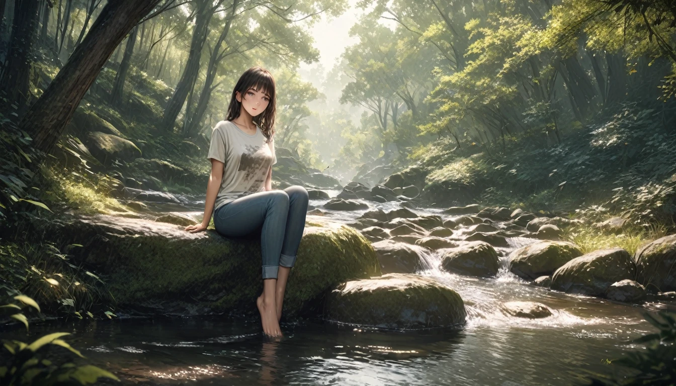 (Highest quality, masterpiece:1.2), Very detailed, Realistic:1.37, 8K, High resolution, Very detailed背景, Silhouette of a girl walking through a stream in a woodland, (Short sleeves and long pants、Jeans on a t-shirt), Forest Trees々々The sunlight shining through, Beautiful girl relaxing barefoot in a stream, Sitting on a rock, Beautiful scenery decorated with earth tones, A Hopeful Outlook, Expressions that evoke tender feelings in the viewer, 、Prioritize the view、Anime Face、(((The woman has a well-proportioned face)))