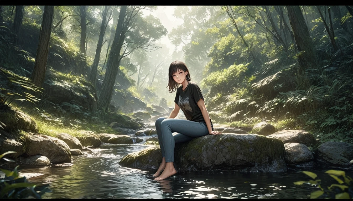 (Highest quality, masterpiece:1.2), Very detailed, Realistic:1.37, 8K, High resolution, Very detailed背景, Silhouette of a girl walking through a stream in a woodland, (Short sleeves and long pants、Jeans on a t-shirt), Forest Trees々々The sunlight shining through, Beautiful girl relaxing barefoot in a stream, Sitting on a rock, Beautiful scenery decorated with earth tones, A Hopeful Outlook, Expressions that evoke tender feelings in the viewer, 、Prioritize the view、Anime Face、(((The woman has a well-proportioned face)))
