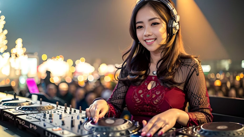 (ultra - detailed, 16K resolution, Cinema lenses, rendering by octane), (high resolution:1.18), intricate detail, (masterpiece:1.1), (highest quality:1.1),1 chinese-Indonesian girl, modern plain hijab, shy, medium portrait, watery eyes, wearing red kebaya, well-proportioned body,, chubby massive thighs, hena art the face, Wearing DJ headphones, Smile while DJing on stage, The spotlight shines on the female DJ. Photorealistic photography by Disco Lighting, (cute round face:1.3), perfect fingers, five fingers, beautiful hands, perfect hands. master peace, cute smile.