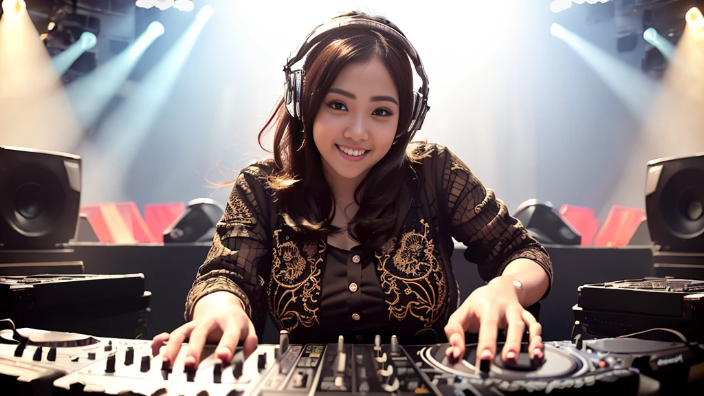 (ultra - detailed, 16K resolution, Cinema lenses, rendering by octane), (high resolution:1.18), intricate detail, (masterpiece:1.1), (highest quality:1.1),1 chinese-Indonesian girl, modern plain hijab, shy, medium portrait, watery eyes, wearing red kebaya, well-proportioned body,, chubby massive thighs, hena art the face, Wearing DJ headphones, Smile while DJing on stage, The spotlight shines on the female DJ. Photorealistic photography by Disco Lighting, (cute round face:1.3), perfect fingers, five fingers, beautiful hands, perfect hands. master peace, cute smile.