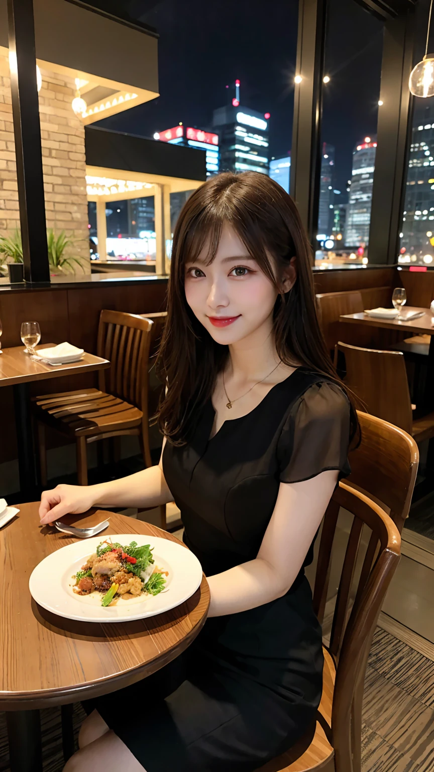 highest quality, masterpiece, 8K, ultra high resolution, (realistic: 1.4), beautiful face, symmetrical eyes, Japanese, 20 years old, brown hair, smile, wearing makeup, high-definition images, atmospheric perspective, super detail, accurate, best quality, (angle from under the table), Japanese , (2 girls:1.7), drooping eyes, sleepy face, blush, in the city, busy, skyscrapers, skirt, high heels, necklace, black blouse , restaurant with large windows, takes a seat, night scene, windows have harbor view, foods, romantic dinner