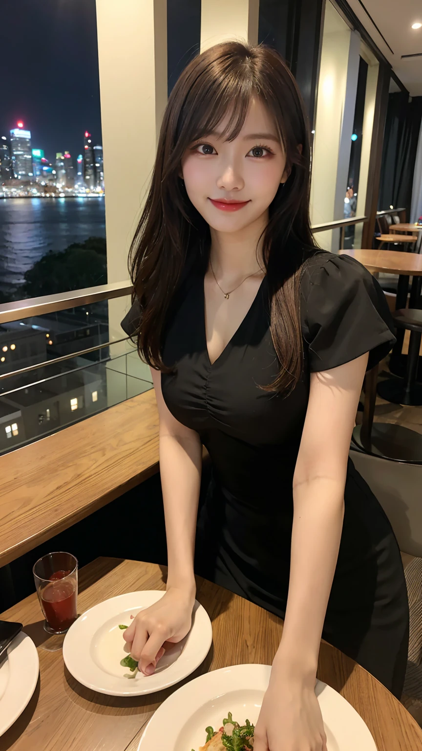 highest quality, masterpiece, 8K, ultra high resolution, (realistic: 1.4), beautiful face, symmetrical eyes, Japanese, 20 years old, brown hair, smile, wearing makeup, high-definition images, atmospheric perspective, super detail, accurate, best quality, (angle from under the table), Japanese , (2 girls:1.7), drooping eyes, sleepy face, blush, in the city, busy, skyscrapers, skirt, high heels, necklace, black blouse , restaurant with large windows, takes a seat, night scene, windows have harbor view, foods, romantic dinner