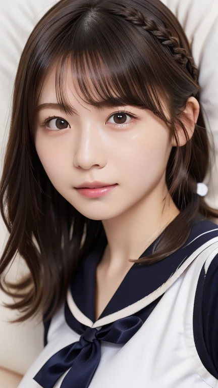 (One Girl), ((Very cute face)), Great face and eyes, (Highly detailed eyes, Highly detailed face), Fresh, Very beautiful appearance, (Ultra-realistic, High resolution), (highest quality:1.4), RAW Photos, (Realistic, Realistic:1.37), Professional photography , (see-through sailor uniform:1.1) , Smile a little, (look at me) , Portrait of a Girl , (gigantic breasts:1.3) , ((())) , ((junior high school student)), (light brown short hair:0.9) , (wavy hair:1.3) , (Nipples visible through sailor uniform:1.3) , (Please tilt your head a little) , Perfect nipples , ((Nipples are light pink )) , ((light pink areola)) , (sweating cleavage:1.2) , (cum on her breasts ) , (small nipples) , (upper body) , (lying down on the bed:1.3) , (young face:1.3) , (little girl:your back:1.4) , (young face:1.7) , (bare breasts:1.5) , (naked:1.3) , (bed on the back:1.3) , (braided hair:1.2)