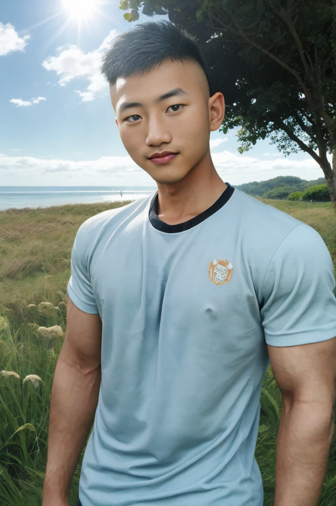 A handsome, muscular young Asian man looks at the camera. In a plain blue t-shirt , Fieldside, grass, beach, sunlight