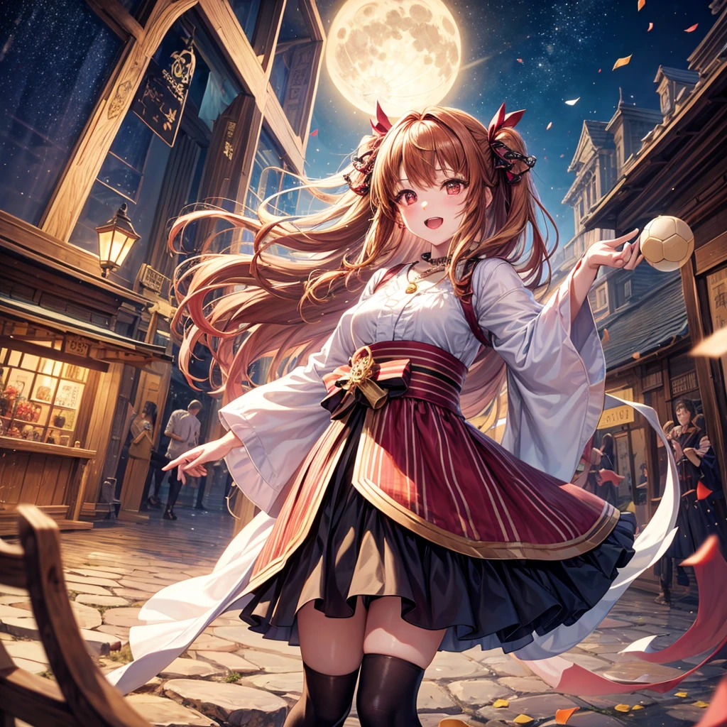 Pink, red, brown, gold, gold hair、Red gold eyes、Hair tied up、One good looking girl、solo、anime、Checkered mini skirt、Ruffles on the skirt、Checked dress、blouse、Kimono、Black knee-high socks、Ribbon、Ribbon on waist、Teeth are visible、Sparkly Necklace、From above、Cobblestones、waterfall、Starry Sky、Midnight Moon、suspension bridge、beam、Standing still、Transparent、Dragon flying、goddess、Edo、Confetti、Kicking a ball、Ancient City