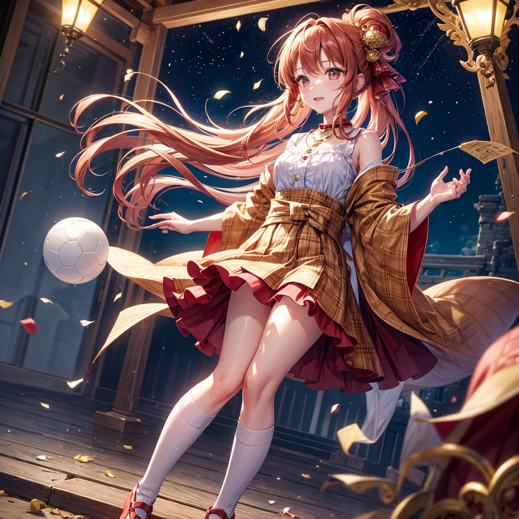 Pink, red, brown, gold, gold hair、Red gold eyes、Hair tied up、One good looking girl、solo、anime、Checkered mini skirt、Ruffles on the skirt、Checked dress、blouse、Kimono、Black knee-high socks、Ribbon、Ribbon on waist、Teeth are visible、Sparkly Necklace、From above、Cobblestones、waterfall、Starry Sky、Midnight Moon、suspension bridge、beam、Standing still、Transparent、Dragon flying、goddess、Edo、Confetti、Kicking a ball、Ancient City