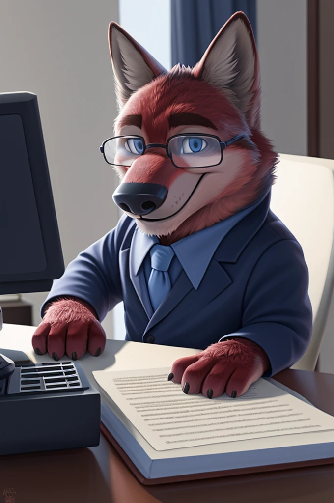Ivan Fedorovich Wolfbach (Novosibirsk) ,Tall, handsome man, wolf,young, 24 years, brown fur,Kind,(red body:1.3),beautiful blue eyes,Novosibirsk,dressed,glasses, shirt, tie, trousers, wolf, detailed fur, man ,paw pads, finger claws,per viewer, 5 fingers, paws, 5 fingers, smile, wrist watch, nextel, by xenoforge, (complex, high detail, digital photography, soft focus, RAW variety viewer, Very close to the camera) , variety, Novosibirsk, smile, good mood, positive, Very close to the camera, GOVERNOR, is sitting, at the computer, is sitting за компьютерным столом,cabinet, GOVERNORа, writes documents, to the city, GOVERNOR Novosibirskа,
Photorealism, realism, digital style, Subsurface scattering, I look at the viewer, smdit writes a book, a glass of water, handle, paper,
masterpiece, Best quality, ultra realistic, 8 thousand.)