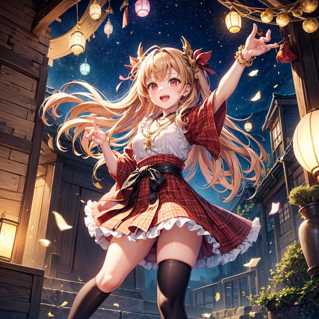 Pink, red, brown, gold, gold hair、Red gold eyes、Hair tied up、One good looking girl、solo、anime、Checkered mini skirt、Ruffles on the skirt、Checked dress、blouse、Kimono、Black knee-high socks、Ribbon、Ribbon on waist、Teeth are visible、Sparkly Necklace、From above、Cobblestones、waterfall、Starry Sky、Midnight Moon、suspension bridge、beam、Standing still、Transparent、Dragon flying、goddess、Edo、Confetti、Kicking a ball、Ancient City