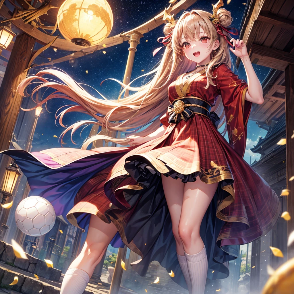 Pink, red, brown, gold, gold hair、Red gold eyes、Hair tied up、One good looking girl、solo、anime、Checkered mini skirt、Ruffles on the skirt、Checked dress、blouse、Kimono、Black knee-high socks、Ribbon、Ribbon on waist、Teeth are visible、Sparkly Necklace、From above、Cobblestones、waterfall、Starry Sky、Midnight Moon、suspension bridge、beam、Standing still、Transparent、Dragon flying、goddess、Edo、Confetti、Kicking a ball、Ancient City