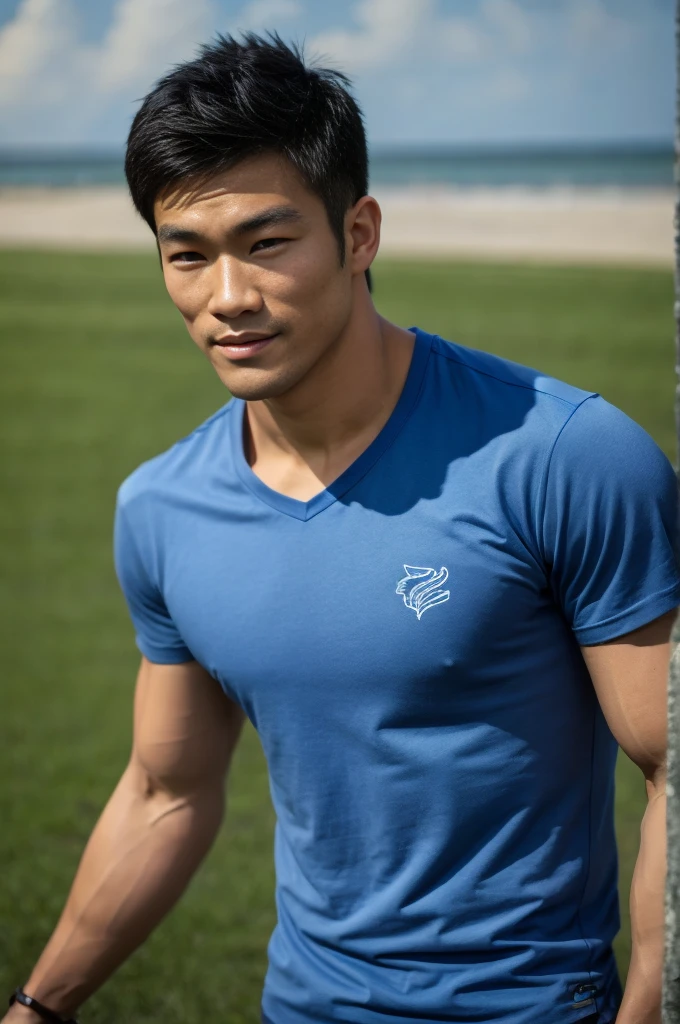 A handsome, muscular young Asian man looks at the camera. In a plain blue t-shirt , Fieldside, grass, beach, sunlight