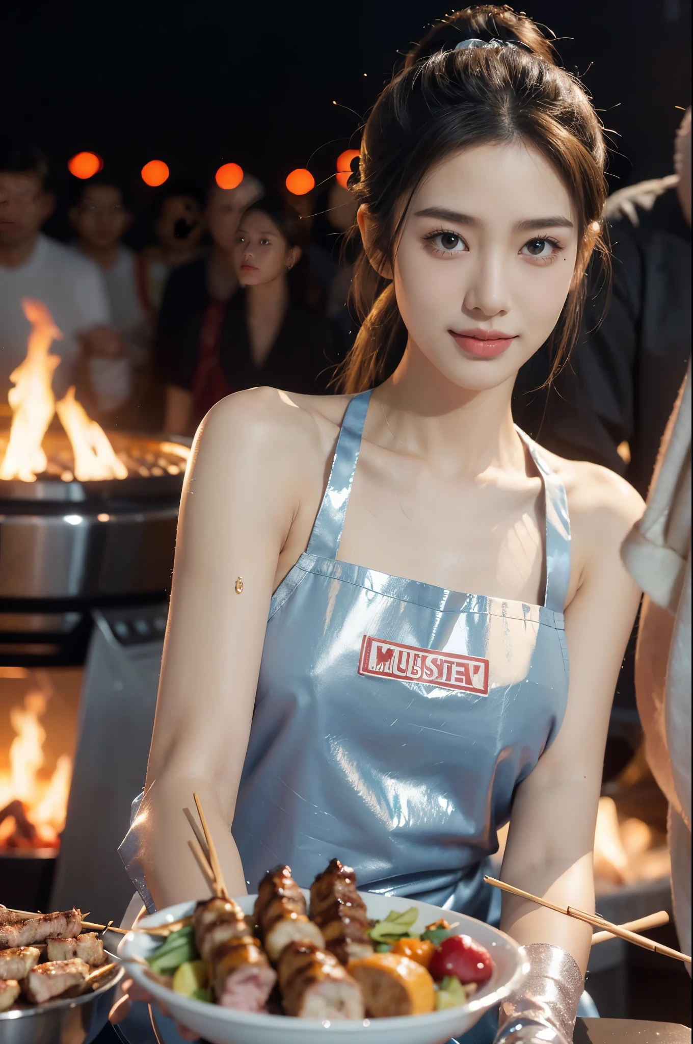 (((best quality))),(((ultra detailed))),(((masterpiece))),illustration,((1 beautiful girl,solo)),((slim,thin)),((small breasts,flat chest)),summer night,metropolis,((barbecue joint)),humble,vibrant energy,city that never sleeps,(short ponytail:1.2),(((female orgasmic,blush))),(sweat:1.3),(shiny skin:1.5),(sheer apron:1.3),((bare shoulders,bare arms)),(gloves:1.3),(slender legs:1.2),lightweight,practicality,((sizzling hot grill)),smooth,tanned skin,soft glow,skillfully,((skewers,meat)),intense concentration,bright eyes,alert,passion for work,atmosphere,vibrant,dynamic,laughter,conversation,sizzle,crackle,aromatic scent,tinged,radiant smile,genuine enjoyment,easy manner,warm presence,community,dedication,beauty in simplicity,midst of bustling city streets,outdoor,midnight,((from front,upper body)),(surrounded by crowded crowds:1.3)