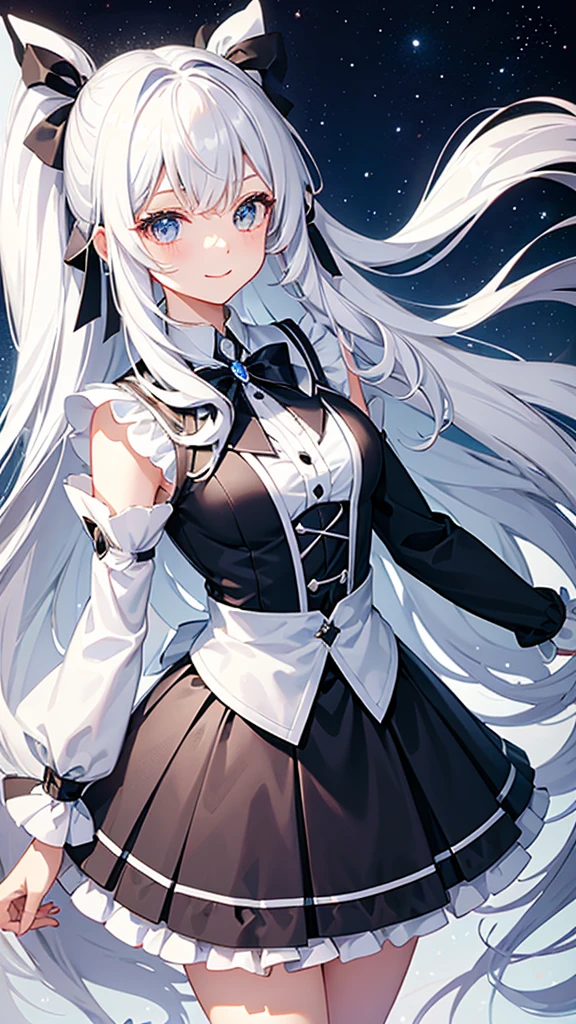 Magical girl black and white costume mini skirt No sleeve Long hair with silver hair Ribbon in hair smile Great style Directly facing universe space