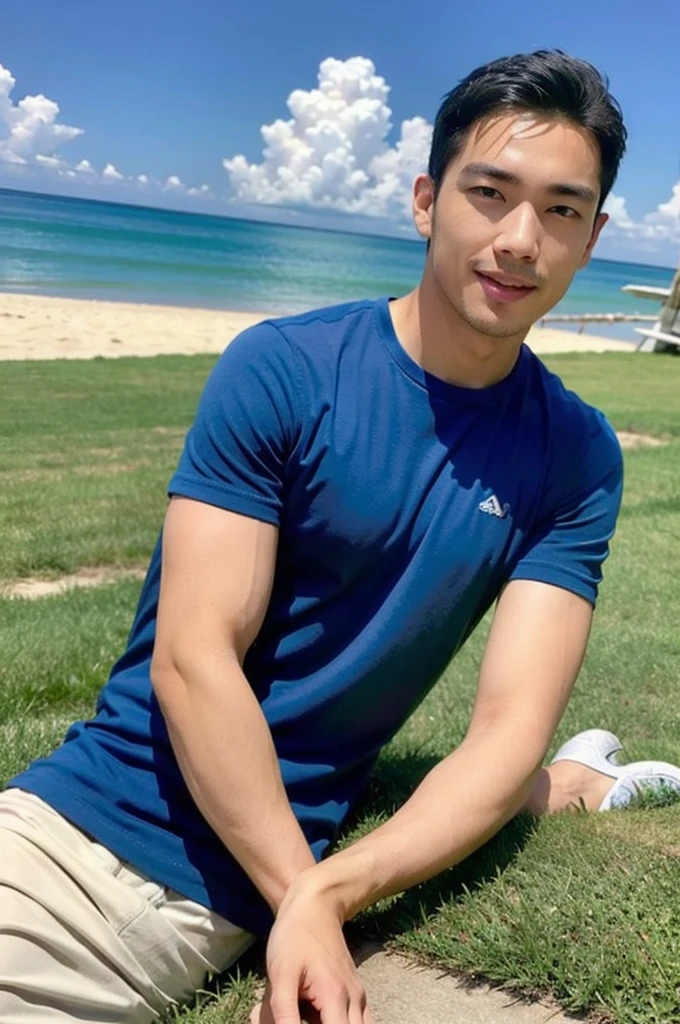 A handsome, muscular young Asian man looks at the camera. In a plain blue t-shirt , Fieldside, grass, beach, sunlight