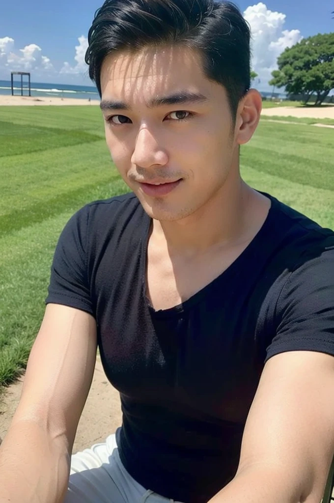 A handsome, muscular young Asian man looks at the camera. In a plain blue t-shirt , Fieldside, grass, beach, sunlight