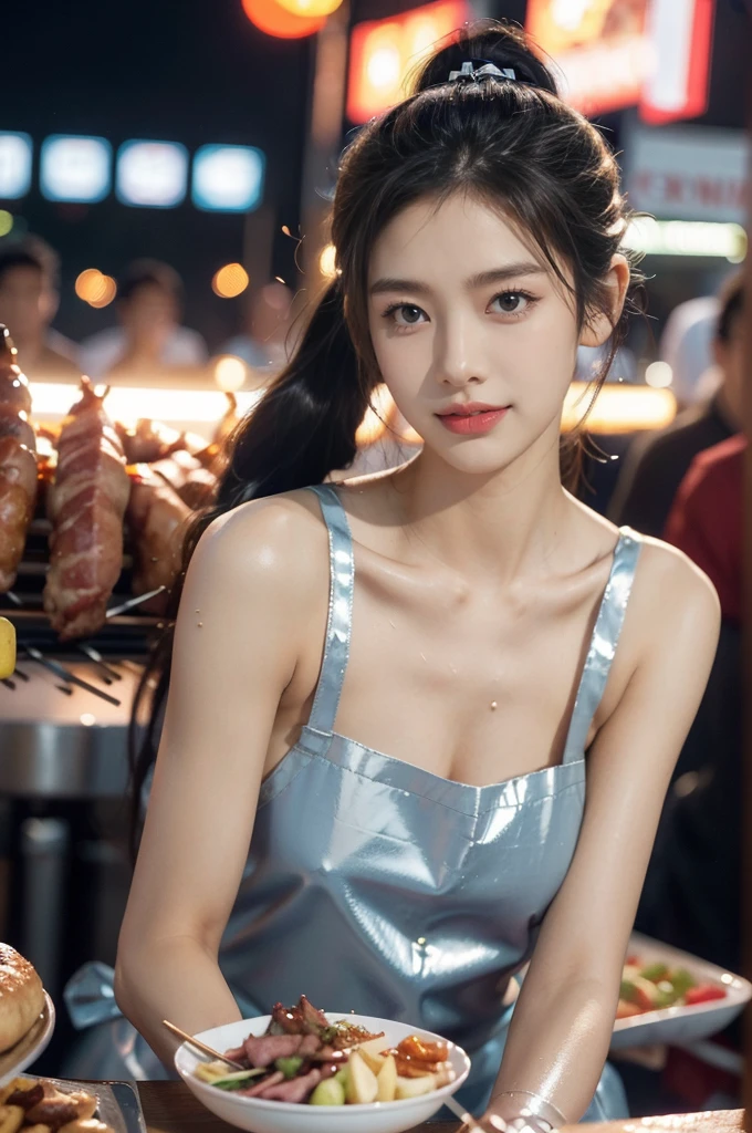(((best quality))),(((ultra detailed))),(((masterpiece))),illustration,((1 beautiful girl,solo)),((slim,thin)),((small breasts,flat chest)),summer night,metropolis,((barbecue joint)),humble,vibrant energy,city that never sleeps,(short ponytail:1.2),(((female orgasmic,blush))),(sweat:1.3),(shiny skin:1.5),(sheer apron:1.3),((bare shoulders,bare arms)),(gloves:1.3),(slender legs:1.2),lightweight,practicality,((sizzling hot grill)),smooth,tanned skin,soft glow,skillfully,((skewers,meat)),intense concentration,bright eyes,alert,passion for work,atmosphere,vibrant,dynamic,laughter,conversation,sizzle,crackle,aromatic scent,tinged,radiant smile,genuine enjoyment,easy manner,warm presence,community,dedication,beauty in simplicity,midst of bustling city streets,outdoor,midnight,((from front,upper body)),(surrounded by crowded crowds:1.3)