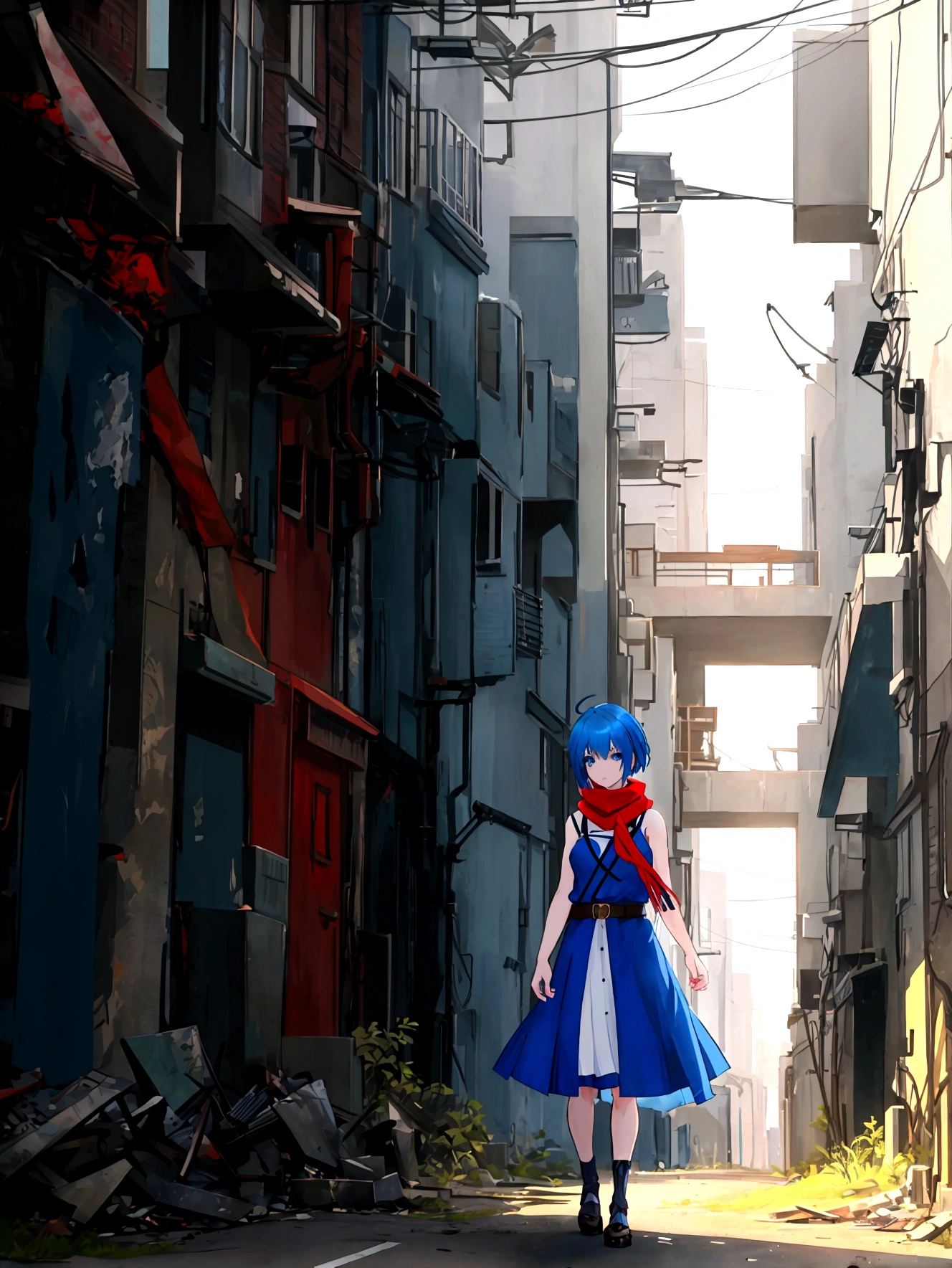 A young anime girl with short blue hair and blue eyes stands in an urban alleyway. She is wearing a white sleeveless dress that has a belt at the waist, and she has a large red scarf wrapped around her neck. The girl has a pensive and somewhat melancholic expression on her face. The alleyway is narrow and slightly run-down, with some debris and vegetation visible on the ground. The scene is lit by sunlight, casting shadows and creating a realistic atmosphere. The background includes some buildings and a few power lines, enhancing the urban setting