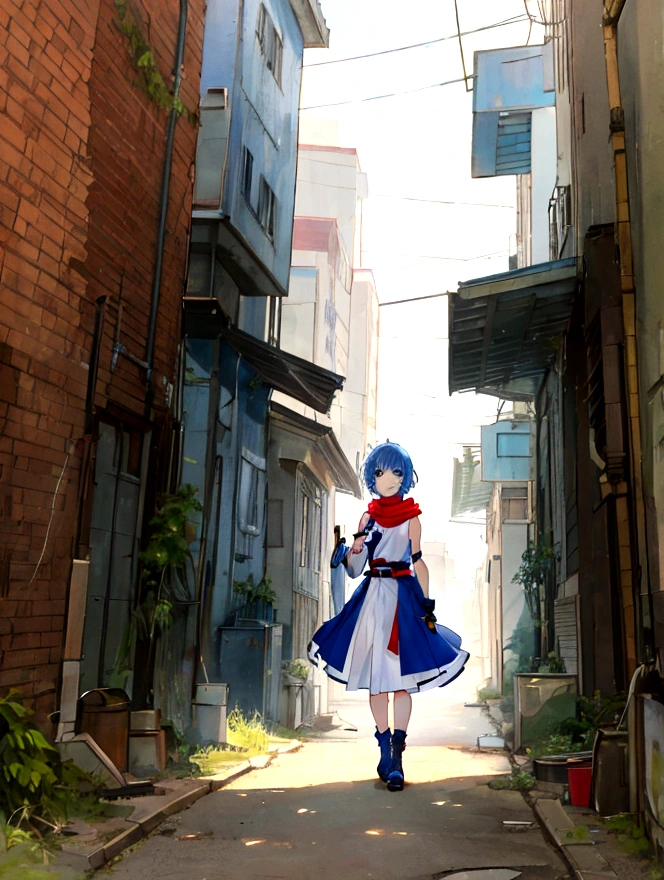 A young anime girl with short blue hair and blue eyes stands in an urban alleyway. She is wearing a white sleeveless dress that has a belt at the waist, and she has a large red scarf wrapped around her neck. The girl has a pensive and somewhat melancholic expression on her face. The alleyway is narrow and slightly run-down, with some debris and vegetation visible on the ground. The scene is lit by sunlight, casting shadows and creating a realistic atmosphere. The background includes some buildings and a few power lines, enhancing the urban setting