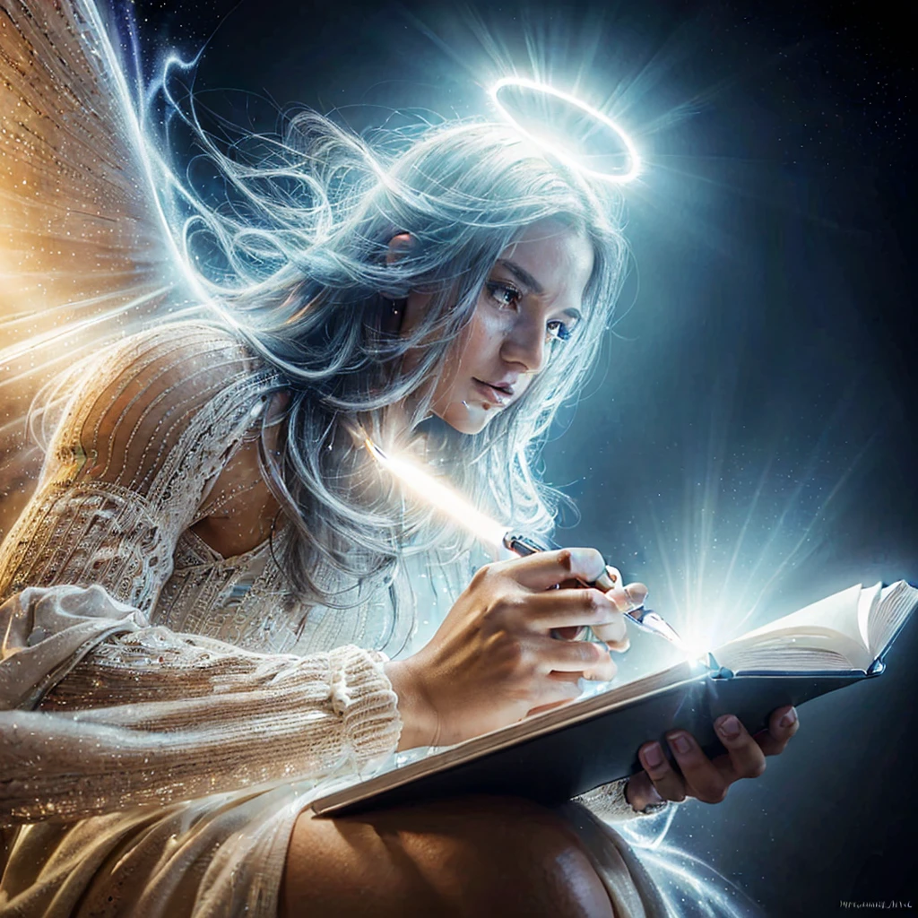 Very real image. A being of light God, he writes on a notebook, his pen is a beam of light. Photorealism, full view, highly detailed image, very realistic, hyperrealism, Ultra HD, 8k, 5, sharp focus, intricate and mysterious masterpiece. (Long exposure photography Artistic illustration close-up portrait very detailed: final quality, medium shot, backlight, Rich and striking. Enigmatic and mysterious manipulations (composition of the rule of thirds), ((detailed environment with strong lines) The best quality, in camera, white light, warm and clean aesthetics, dazzling screen composed of millions of brilliant ultraviolet rays, HDR.
