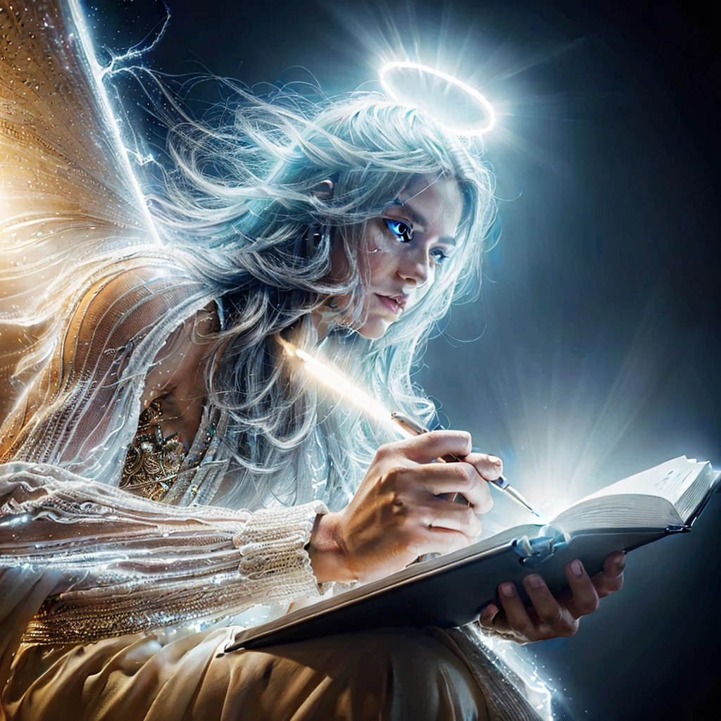 Very real image. A being of light God, he writes on a notebook, his pen is a beam of light. Photorealism, full view, highly detailed image, very realistic, hyperrealism, Ultra HD, 8k, 5, sharp focus, intricate and mysterious masterpiece. (Long exposure photography Artistic illustration close-up portrait very detailed: final quality, medium shot, backlight, Rich and striking. Enigmatic and mysterious manipulations (composition of the rule of thirds), ((detailed environment with strong lines) The best quality, in camera, white light, warm and clean aesthetics, dazzling screen composed of millions of brilliant ultraviolet rays, HDR.