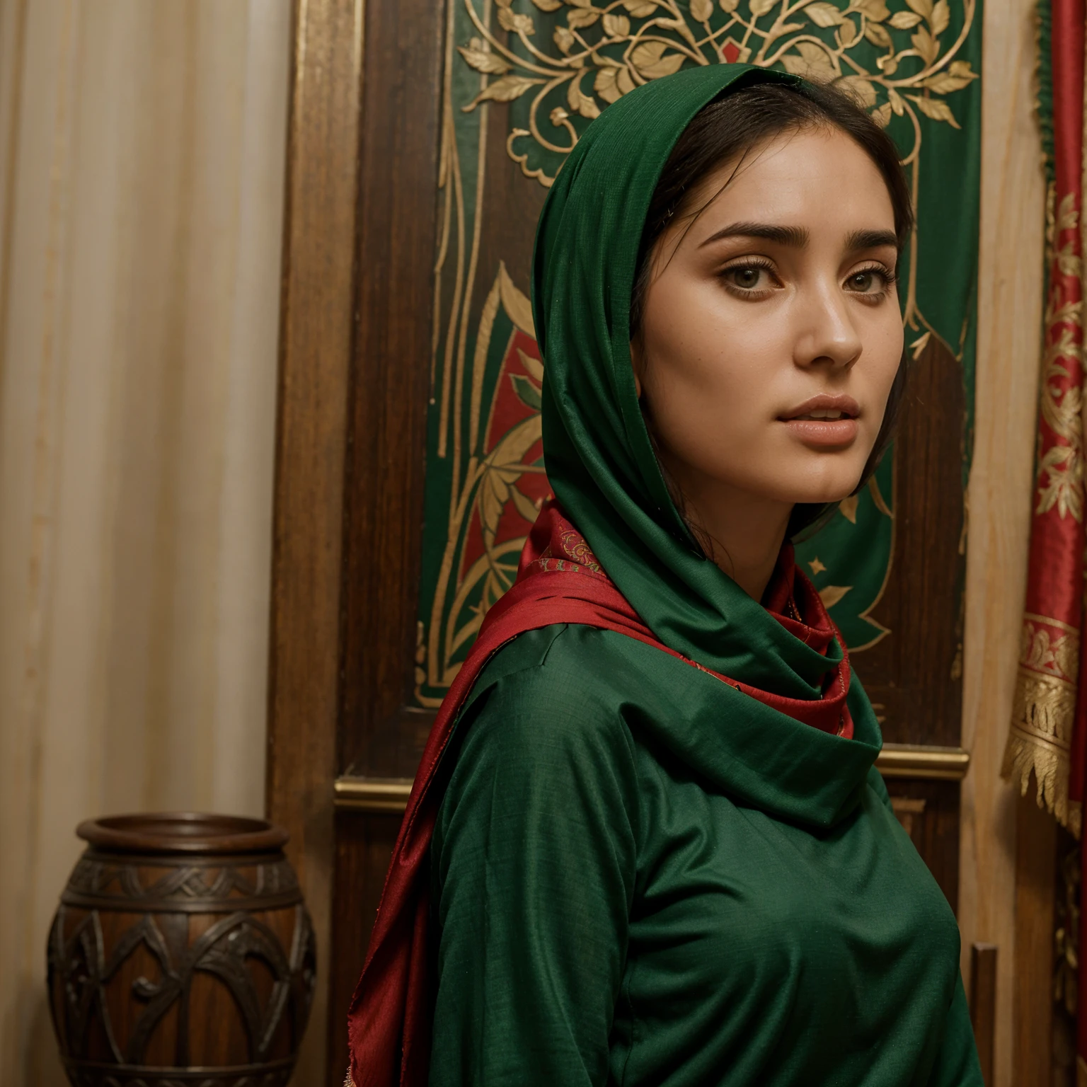 Very thin skinny tall pretty skinny lebanese jennifer connelly, 23 years old, skinny, tall, bust-level portrait photo, red and green foulard on head. Islamic art background, standing right in front,