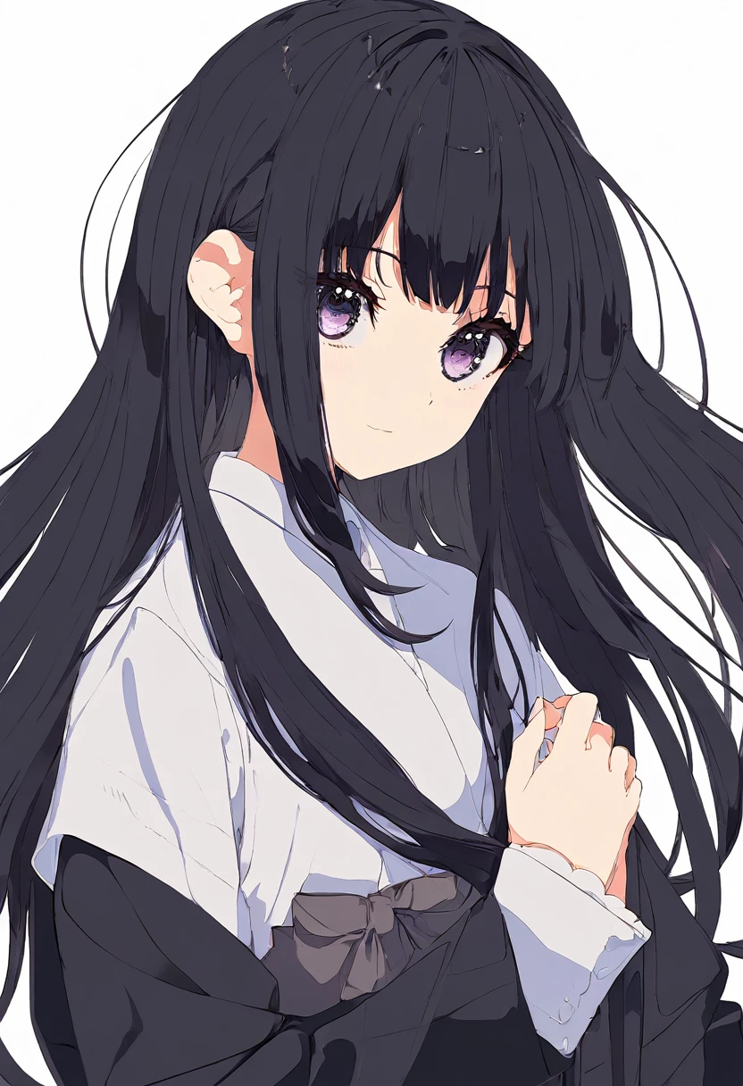 Super detailed,(Highest quality),((masterpiece)),(High resolution),original,Highly detailed 8k wallpaper,(Very delicate and beautiful),Highest_hand,anime,Black Hair,Long Hair,Parting her bangs,Center parted bangs,Softly curled hair,流行のcute女の子,black eye,Black bare-chested clothing,cute,Upper body only,Beautiful pupils,White background