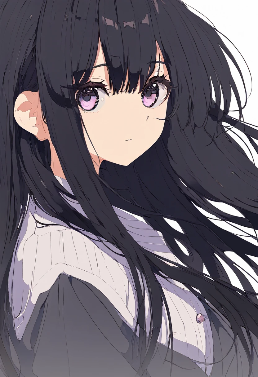 Super detailed,(Highest quality),((masterpiece)),(High resolution),original,Highly detailed 8k wallpaper,(Very delicate and beautiful),Highest_hand,anime,Black Hair,Long Hair,Parting her bangs,Center parted bangs,Softly curled hair,流行のcute女の子,black eye,Black bare-chested clothing,cute,Upper body only,Beautiful pupils,White background