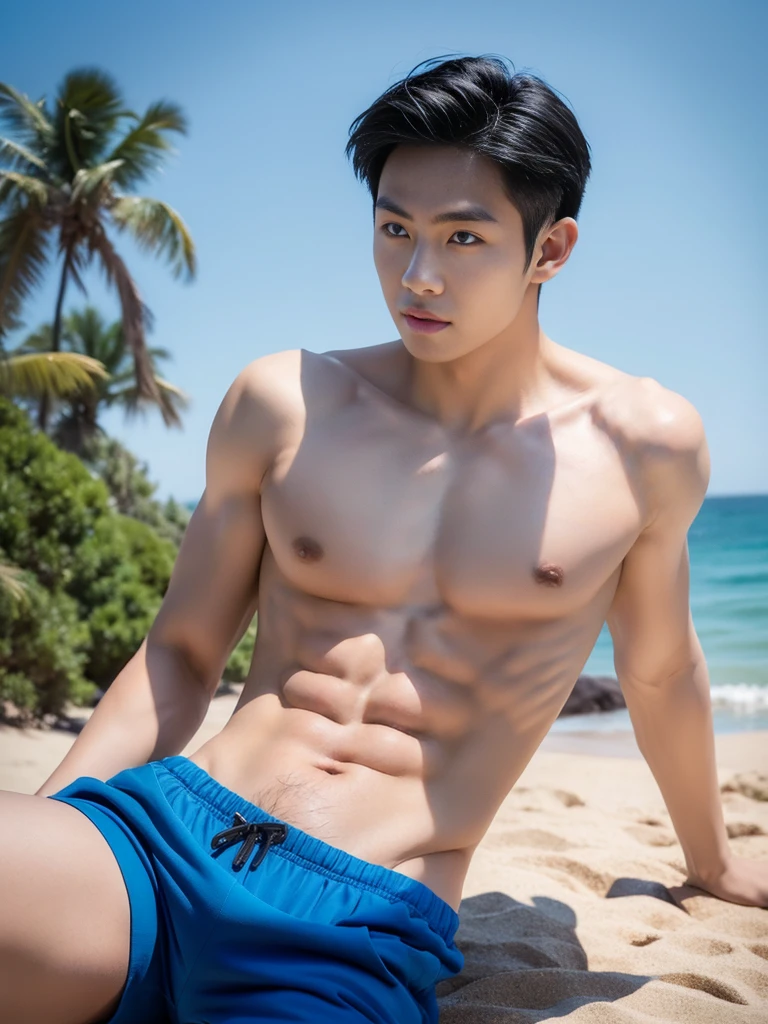 A handsome, muscular young Asian man looks at the camera. In a plain blue t-shirt , Fieldside, grass, beach, sunlight