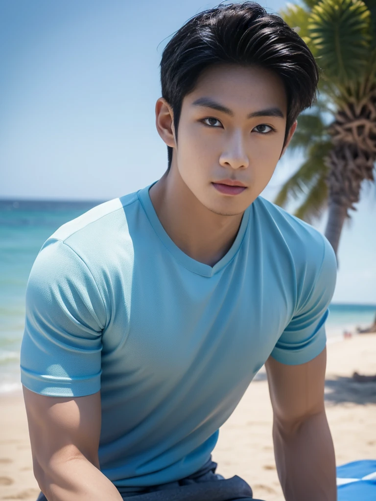 A handsome, muscular young Asian man looks at the camera. In a plain blue t-shirt , Fieldside, grass, beach, sunlight