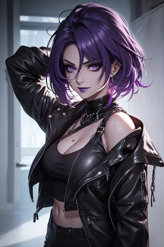 a punk girl, student, hooligan, short messy white hair, purple eyes, black punk clothes, punk, chains, black sleeveless top, baggy black pants, sadistic smile, aggressive, dark purple lipstick, thug, (best quality,4k,8k,highres,masterpiece:1.2),ultra-detailed,(realistic,photorealistic,photo-realistic:1.37),cinematic lighting,dramatic shadows,gothic,dark fantasy,moody,dramatic, leather jacket hanging from the shoulders pumped up muscles