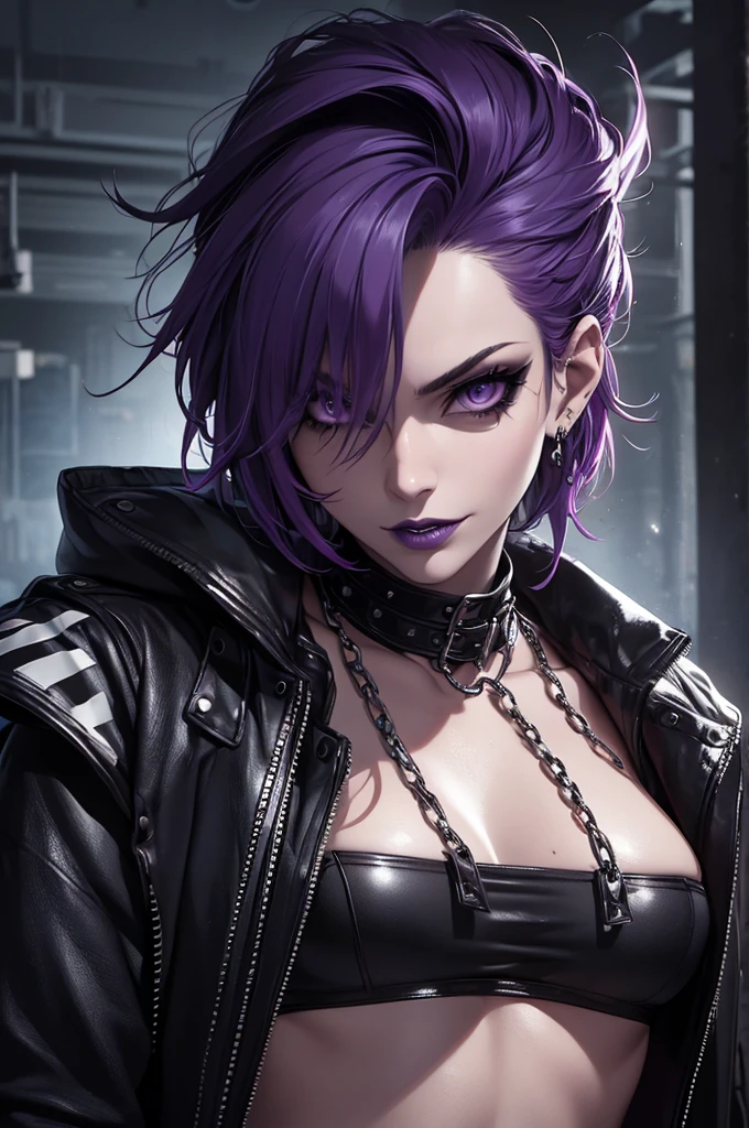 a punk girl, student, hooligan, short messy white hair, purple eyes, black punk clothes, punk, chains, black sleeveless top, baggy black pants, sadistic smile, aggressive, dark purple lipstick, thug, (best quality,4k,8k,highres,masterpiece:1.2),ultra-detailed,(realistic,photorealistic,photo-realistic:1.37),cinematic lighting,dramatic shadows,gothic,dark fantasy,moody,dramatic, leather jacket hanging from the shoulders pumped up muscles