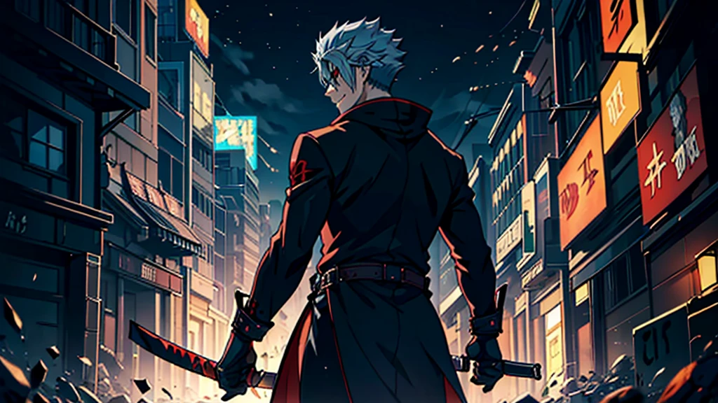 16K, High resolution, RTTX 10.0, Ray Tracing, Top quality masterpiece, Awards, Talked about at the art station, very beautiful, Perfect anatomy and highly detailed face, Glowing Eyes, Fine grain, Accurate drawing, Beautiful Hair, Detailed Background, Edgy, Back view of one person, Man in his late 20s, Well-groomed Mafia, Red hoodie and black pants, Warm, loose-fitting clothing, Rough youth fashion, A mercenary with two swords at his waist, A dual-wielding swordsman with his swords sheathed, Dystopian criminals, Yakuza with a scar on his face, Dark malicious smile, Squint your eyes and laugh, Tanned dark skin, White to silvery hair, thick black rimmed glasses, Cynical smile, Sarcastic mood, A gangster with a scar on his nose, A violent criminal with a horizontal scar across his face, Injured Villain, A horrific massacre, Collapsing Building, I have inner loneliness, Deep down, I feel like life is hard,
