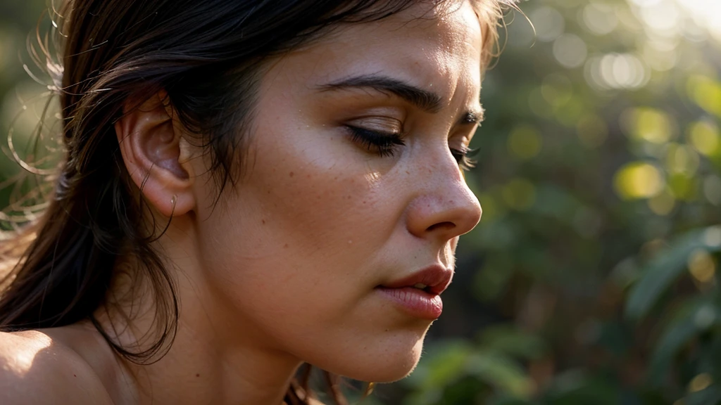 Ultra-realistic 4K portrait of a woman in profile, close-up of her face, cinematic style. She has her hands together in a prayer position, close to her chin. Soft, dramatic lighting highlights the contours of her face. Focus on closed eyes and calm expression. Blurred background in dark tones to highlight the subject.
