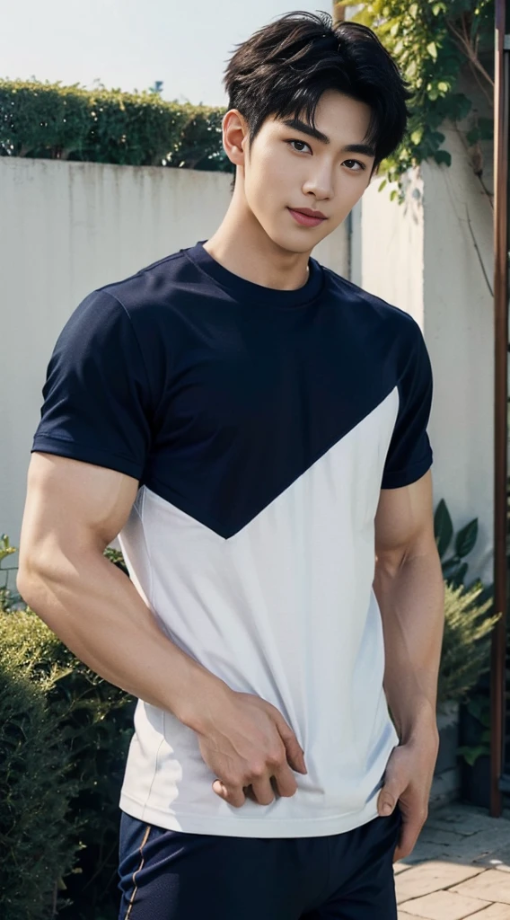 (As a matter of fact, Masterpiece, 8k HD, good light quality, sportswear, fit the face, complicated details), A handsome and muscular young Korean man., He has short, muscular hair in a buzzcut style.  ,(Broad shoulders:1.3), 20 years old, be happy, smile brightly, detailed face, delicate eyes, มองดูsky, (Wear a navy tight T-shirt.:1.6), period, black eyes, Black hair color, ผมsmooth, smooth, outdoor sports, Along the garden, Sunny,sky，Surreal，Awesome details，Highest quality，real，(As a matter of fact, Masterpiece, 8k HD, good light quality, sportswear, fit the face, complicated details), A handsome and muscular young Korean man. มีกล้าม ,(Broad shoulders:1.3), 20 years old, be happy, smile brightly, detailed face, delicate eyes, มองดูsky, (Wear a navy tight T-shirt.:1.6), period, black eyes, Black hair color, ผมsmooth, smooth, outdoor sports, Along the garden, Sunny,sky，Surreal，Awesome details，Highest quality，real