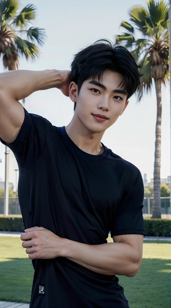 (As a matter of fact, Masterpiece, 8k HD, good light quality, sportswear, fit the face, complicated details), A handsome and muscular young Korean man., He has short, muscular hair in a buzzcut style. ,(Broad shoulders:1.3), 20 years old, be happy, smile brightly, detailed face, delicate eyes, มองดูsky, (Wear a navy tight T-shirt.:1.6), period, black eyes, Black hair color, ผมsmooth, smooth, outdoor sports, Along the garden, Sunny,sky,Surreal,Awesome details,Highest quality,real,(As a matter of fact, Masterpiece, 8k HD, good light quality, sportswear, fit the face, complicated details), A handsome and muscular young Korean man. มีกล้าม ,(Broad shoulders:1.3), 20 years old, be happy, smile brightly, detailed face, delicate eyes, มองดูsky, (Wear a navy tight T-shirt.:1.6), period, black eyes, Black hair color, ผมsmooth, smooth, outdoor sports, Along the garden, Sunny,sky,Surreal,Awesome details,Highest quality,real